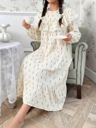 Loose Casual Round Neck Ruffle Lace Trim Decorative Ruffle Hem Dress Loungewear For Teen Girls