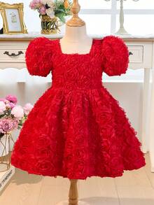 SHEIN Đầm bé gái không tay, màu trơn, cổ đính ngọc trai, dáng chữ A, trang trí nơ hoa hồng 3D, màu đỏ, dễ thương, thanh lịch, ngọt ngào và thời trang, thích hợp mặc đi dự tiệc, lễ hội, sinh nhật, du lịch gia đình, kiểu Ramadan, mẹ và con gái, chị em gái. - Đỏ - Xem 12