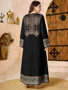 SHEIN Najma 大码女式复古大马士革图案数码印花V领长袖优雅阿拉伯风格长款连衣裙，春季