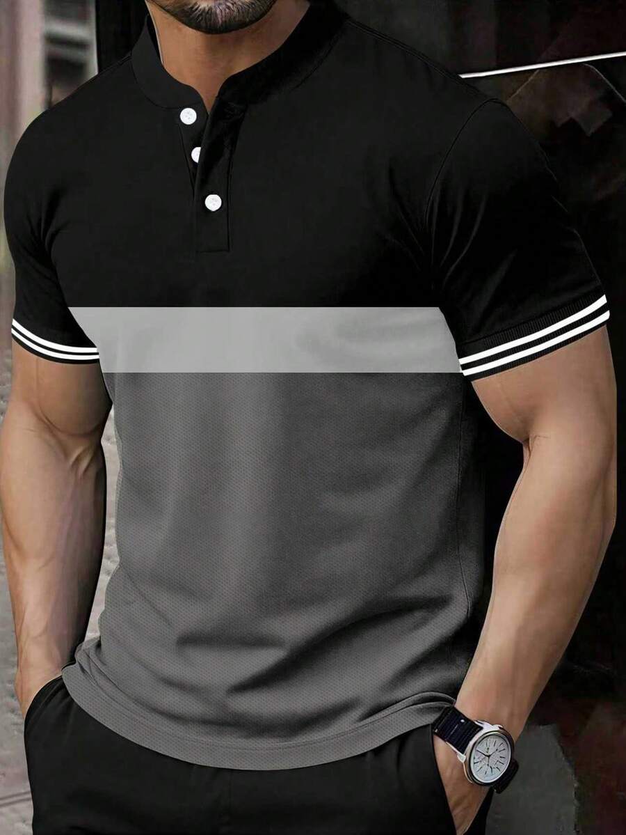 Manfinity Mode 男士休閒拼色短袖 Polo 衫,夏季高爾夫 - 深灰色 - 查看 1