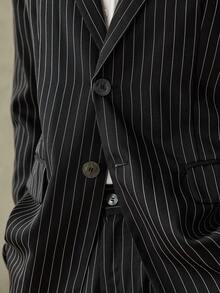 SWAVVY 男士休闲/商务翻领条纹西装外套和裤子套装 男士套装 男士宽松西装 男士细条纹西装 男士两件套 条纹细条纹裤子 男士套装 - 黑色 - 查看 5