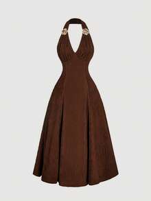 SHEIN MOD Đầm maxi nữ họa tiết hoa 3D ánh kim, xếp nếp, thích hợp cho Ngày Valentine, trang phục Valentine cho nữ, lễ hội Carnival, đầm maxi thanh lịch, đầm dự tiệc, đầm gợi cảm, đầm dự tiệc, đầm thường ngày, đầm vintage, trang phục lễ hội nhạc đồng quê, đầm màu nâu sô cô la, đầm nâu thanh lịch, đầm cocktail màu nâu. - màu nâu - Xem 3