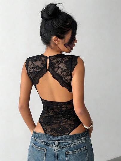 Aloruh Body sexy alla moda con profondo scollo a V e pizzo floreale da donna