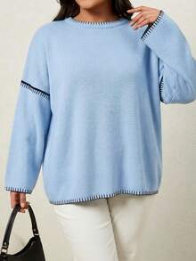 Plus Size Contrast Trim Casual Pullover Sweater - Baby Blue - View 4