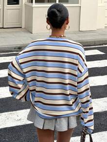 Muchica Women's Regular Length Striped Knitted Fabric T-Shirt Blue Long Sleeve Casual Round Neck Drop Shoulder - Blue - View 2