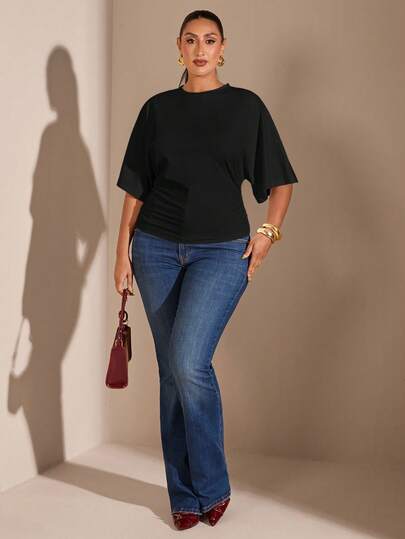 SHEIN BAE Camisetas cortas holgadas y arrugadas de tela elástica blanca, de uso diario, estilo minimalista Y2K, para mujer de talla grande, ideal para el regreso a la escuela y el streetwear casual