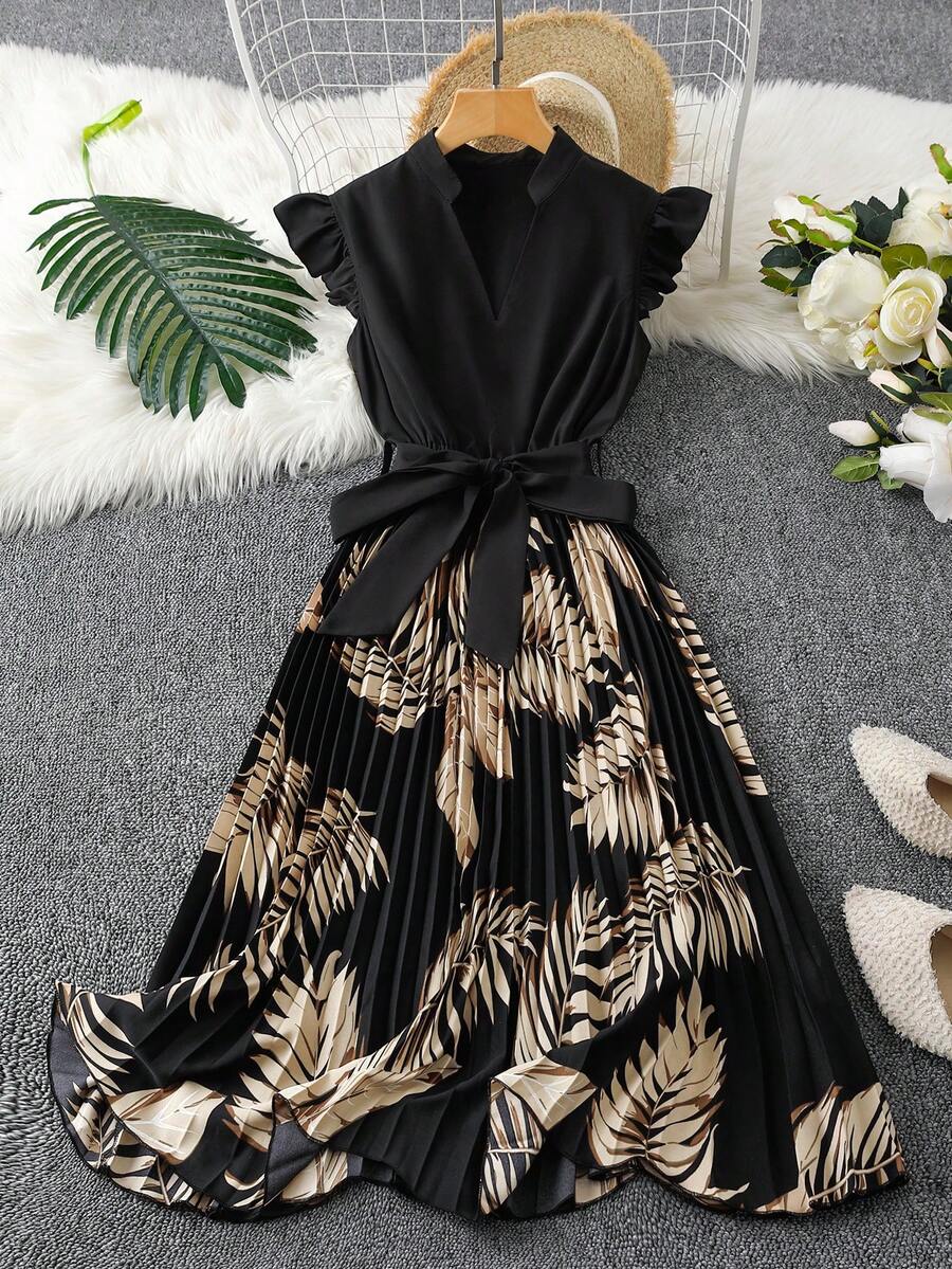 SHEIN Franclia Franclia 女士度假风褶皱花卉拼接短袖连衣裙，春夏款 - 黑色 - 查看 1