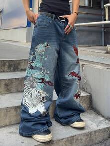 ROMWE MEN Men's Fashion Embroidered Pattern Loose Fit Jeans - Medium Wash - View 3