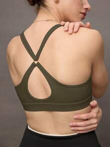 Activina Women's Solid Color Hollow Out Criss-Cross Back Sports Bra - Dark Green - View 2