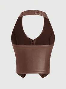 ROMWE Áo camisole nữ kiểu hippie màu trơn chất liệu da PU Hàn Quốc - màu nâu - Xem 2