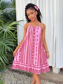Girls' Pink Floral Print Spaghetti Strap Ruffle Hem Casual Vacation Dress - Pink - View 3