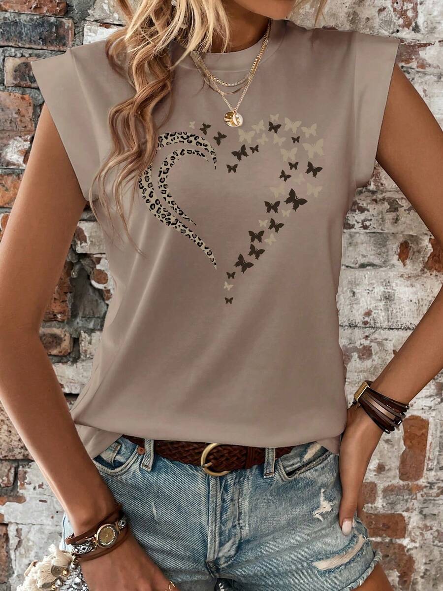 Women Fashion Leopard, Butterfly And Heart Printed Short Sleeve T-Shirt Graphic Tees Women Tops - Multicolor - View 1