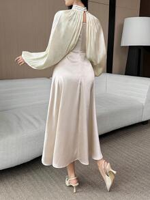 DAZY Women's Elegant Sleeveless Patchwork Dress With Mandarin Collar & Lantern Sleeve Cover Up Set, Autumn/Winter - Beige - View 2