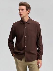 Officeau Men's Long Sleeve Formal Shirt, Solid Brown Color, Button Design, Suitable For Weddings, Office, Formal Occasions, Parties, Showcasing Gentlemanly Style, An Ideal Gift For Father Or Boyfriend. Also Available In Simple White And Black Shirts. Spring To Summer - Chocolate Brown - View 3