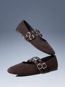 CUCCOO GRLICON Sepatu Flat Wanita Ujung Bulat dengan Tali Gesper, Gaya Busana Motor, Cocok untuk Musim Semi/Panas, Liburan, Perjalanan, Gaya Tahun 2000-an - Coffee Brown - View 2