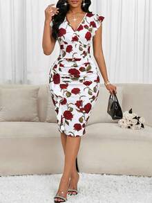SHEIN Lady 女士优雅派对印花修身中长连衣裙 - 彩色 - 查看 5