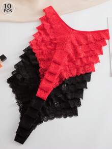 SHEIN 10条装女士蕾丝丁字裤，优雅舒适，黑红组合 - 彩色 - 查看 2