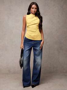 SHEIN BAE 女士休闲纯色纹理背心，夏季 - 黃色 - 查看 3