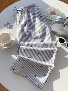 Comfortcana 2026 New Fashionable  Women's Loose Striped Pants, Casual Summer Holiday Summer Outfits Spring Outfit Women Vacation Outfits Women Y2k Clothes Blue And White Striped Pants Hearts Print Pants Summer Outfits  Spring Break Outfits - Baby Blue - View 3