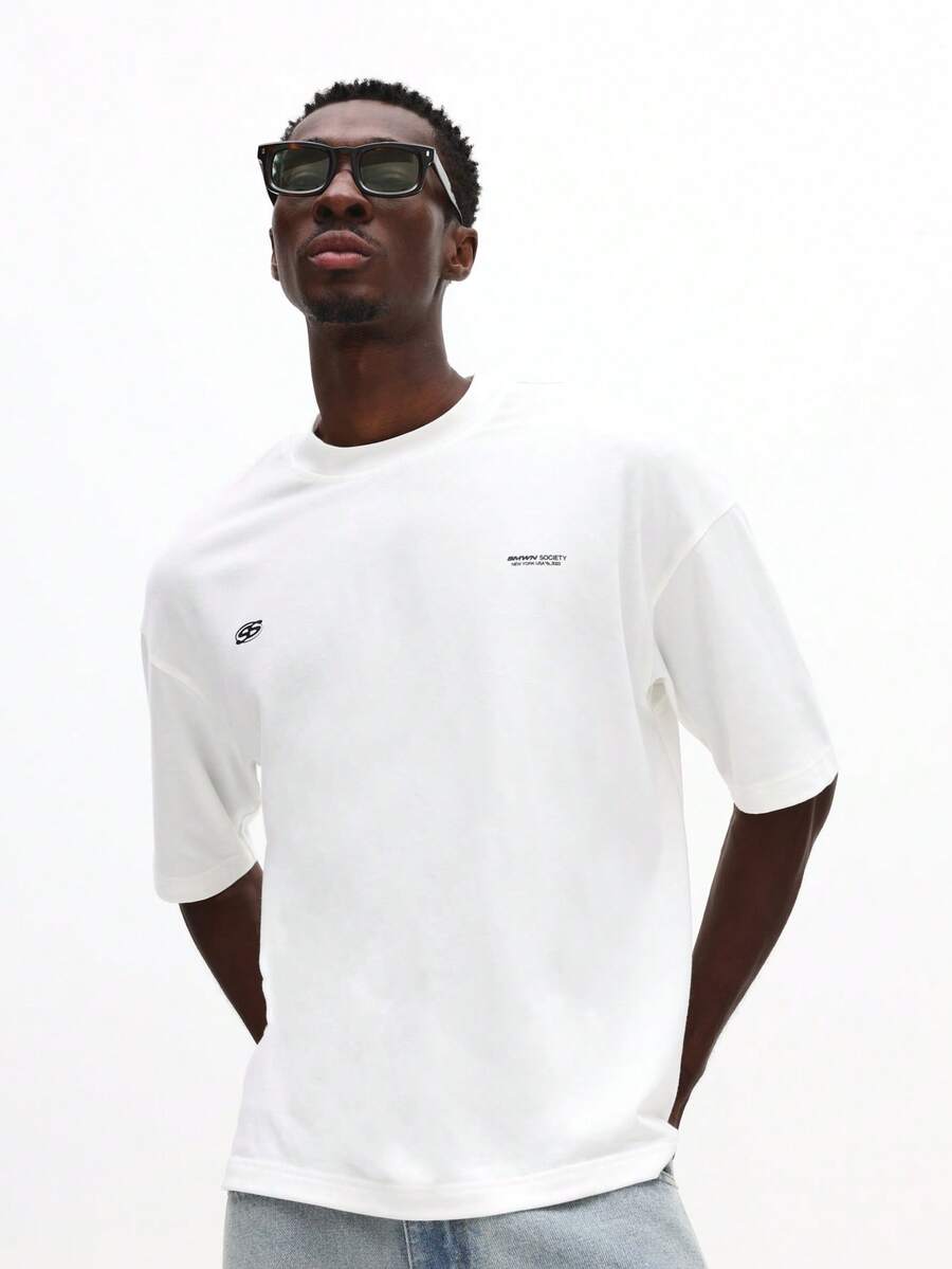 SUMWON Áo thun nam dáng rộng in hình ở ngực và lưng, tay ngắn, chất liệu cotton, phong cách đường phố mùa hè. - trắng - Xem 1