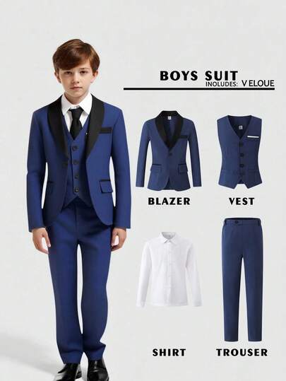 SHEIN 4-delat premium elegant och snyggt formellt kostymset för tween-boys för bankett, bröllop, scenframträdande och värdskap. Inkluderar kavaj, figurnära väst, vit långärmad skjorta och vardagsbyxor. Lämplig för middagsbjudning, ceremoni, scenshow, sammankomst, catwalk, dop, företag, födelsedagsfest, bröllop och examen - alla årstider