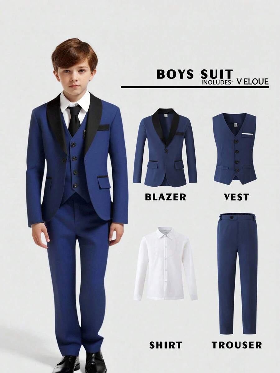 SHEIN 4件套青少年男孩高级优雅时尚正装套装，适合宴会、婚礼、舞台表演和主持。包含西装外套、修身背心、白色长袖衬衫和休闲裤。适合晚宴、典礼、舞台表演、聚会、T台走秀、洗礼、商务、生日派对、婚礼、毕业典礼 - 四季皆宜 - 藏蓝色 - 查看 1