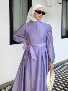 DAZY Women's Elegant Solid Color Stand Collar Puff Sleeve Belted Long Dress, Spring/Summer Vacation Maxi Dress Sundress - Purple - View 7