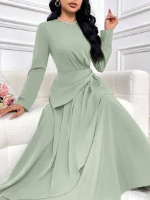 Veilorie 女士纯色圆领长袖褶皱简约休闲长连衣裙/晚礼服 - 綠色 - 查看 6