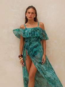 Swim Oasis 夏季女士绿色大理石纹荷叶边吊带连体泳衣，配可拆卸肩带和串珠长裙，优雅泳装套装 - 墨綠色 - 查看 4