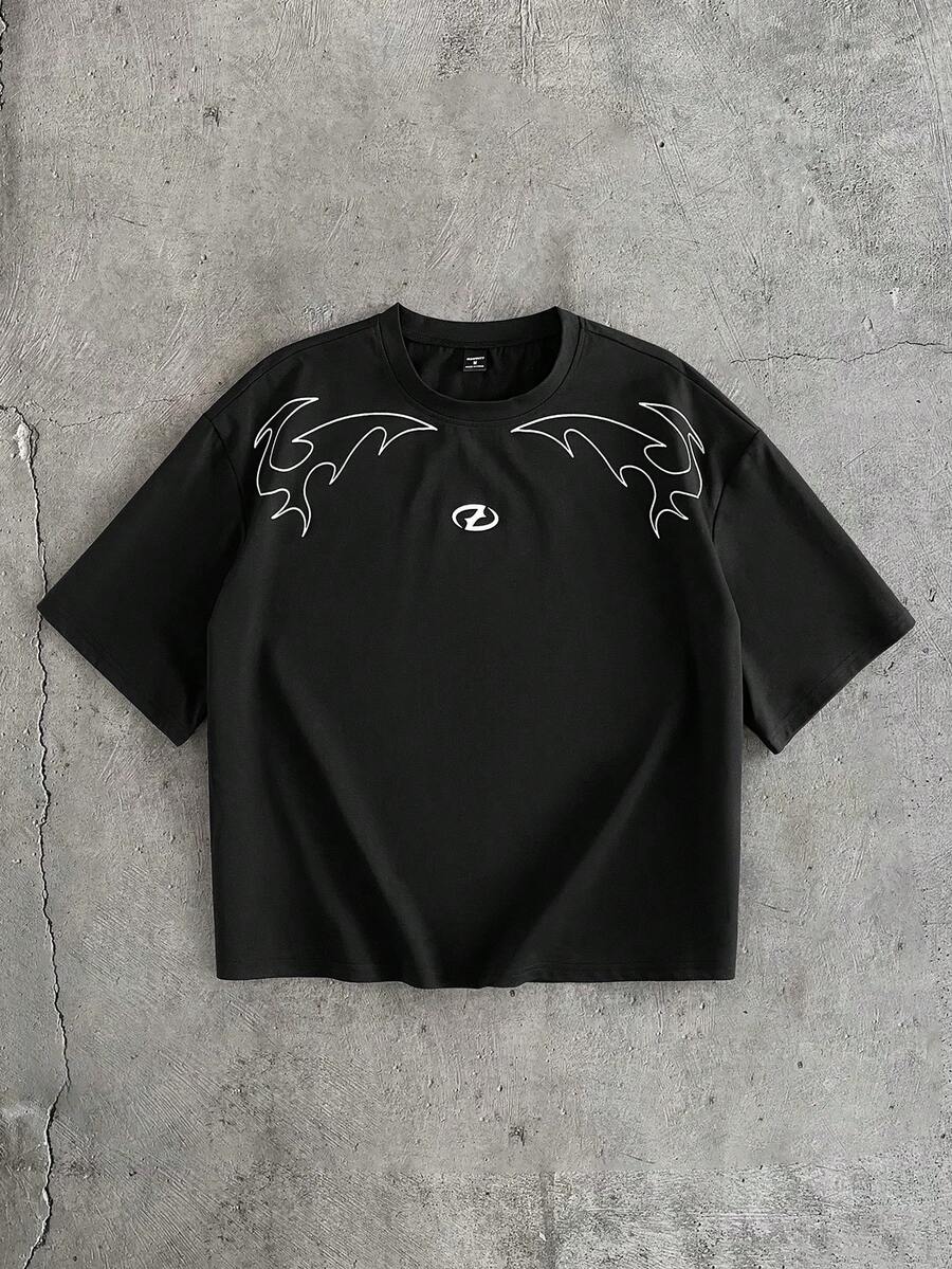 AXEPEAK 男士休闲宽松短袖圆领T恤，黑色，前后印花图案，夏季街头风上衣男士印花T恤 - 黑色 - 查看 1