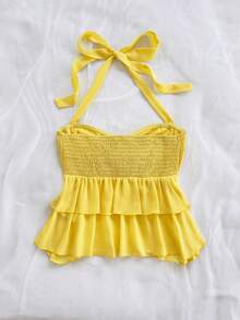 Soleia Tank Top Wanita Kuning Lucu dengan Dekorasi Logam, Model Halter Tanpa Punggung, Cocok untuk Liburan Pantai Musim Panas, Gaya Boho Longgar, Cocok untuk Pesta, Kencan, Hari Valentine, Musim Semi - Kuning - View 2