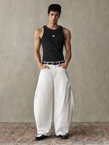 SWAVVY 男士标准尺码时尚条纹斜插口袋休闲筒裤 - 白色 - 查看 7