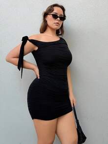 Nezia Cruz Plus Size Women Red Asymmetric Open Shoulder Ruched Hem Casual Dress, Suitable For Dates, Outings, Valentine's Day,Birthday Dresses For Women,Summer Outfits For Women,Sun Dresses For Women