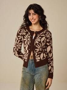 Felipe Marques Women's Floral Print Cardigan Sweater, Long Sleeve Open Front Casual Jacket For Autumn/Winter, Suitable For Vacation, Party, Evening Event - Brown - View 4
