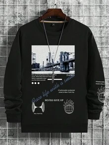 Manfinity Homme Men's Letter & Graphic Print Crew Neck Casual Long Sleeve Sweatshirt - Black - View 3