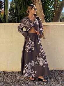 DAZY Women's Casual Floral Print Shirt And Skirt 2-Piece Set, Spring/Summer Vacation - Brown - View 3