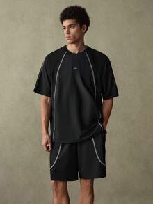 SWAVVY Men's Casual Daily Fashion Street Contrast Stitch Graphic T-Shirt And Shorts Set, Summer - Black - View 4