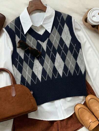 Comfortcana Women's Casual V-Neck Diamond Pattern Knit Vest Sweater, Regular Length, Ribbed Knit Details, Autumn Clothing, Navy Blue Sweater, Comfortable Women's Autumn/Winter Apparel,Fall,Fall Clothes For Women,Winter Clothes For Women