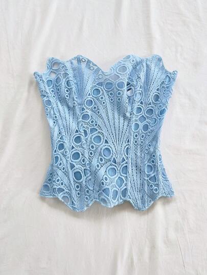 Soleia European & American Young Vacation Sexy Avant-Garde Double-Layer Fitted Corset Bustier, Shallow Blue Hollow Embroidered Shapewear Lace Luminous Blue