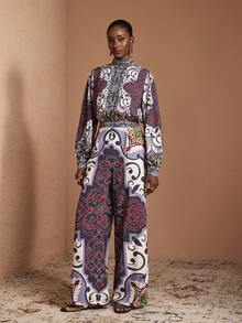 JIAN LASALA Mono de mujer de pierna ancha con estampado boho multicolor, cuello de pico, mangas farol y cintura drapeada. Conjunto de estampado africano para mujer, mono boho para mujer para boda en la playa - Multicolor - Ver 1