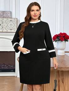 EMERY ROSE 大码女士优雅通勤休闲圆领七分袖撞色口袋黑色修身连衣裙，早春 - 黑與白 - 查看 6