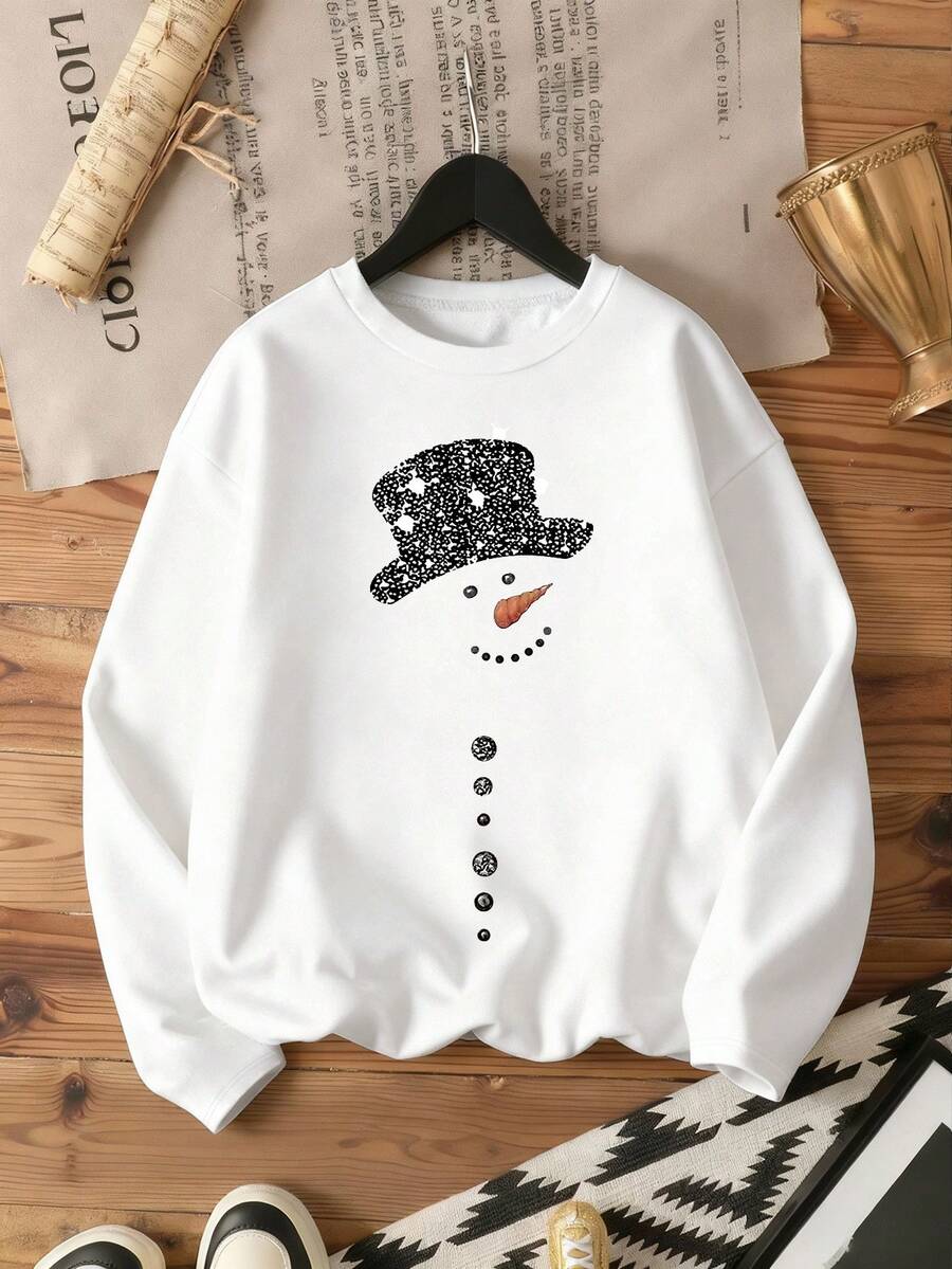 SHEIN LUNE Áo thun dài tay màu trắng in hình người tuyết dành cho nữ cỡ lớn, áo thun họa tiết mùa xuân/thu, áo nữ mùa xuân. - trắng - Xem 1