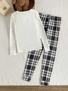 2 件套女士休闲可爱熊印花上衣和经典格子紧身裤家居服套装，舒适贴身 - 黑與白 - 查看 2