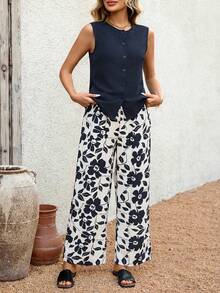 EMERY ROSE 女士休闲纯色纽扣前开襟背心和印花长裤两件套，夏季 - 彩色 - 查看 5