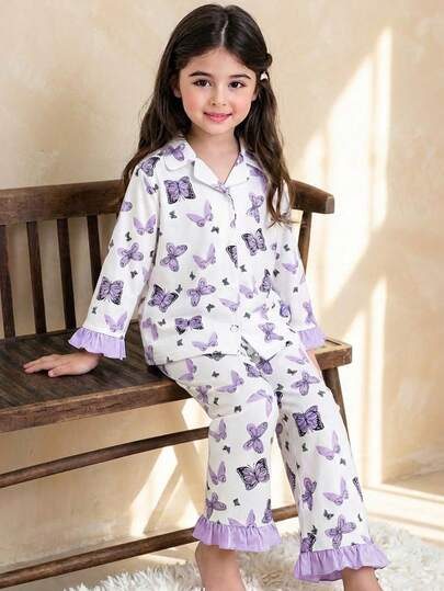 LMoss Kids 2 st. pyjamasset för unga flickor med fjärilsmönster och knappar, långärmad och löst sittande, bekvämt