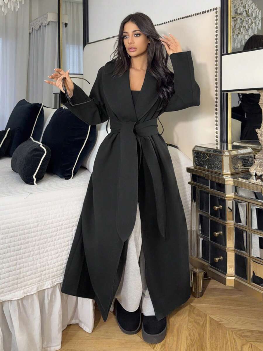 Ronhire Jaqueta longa de manga longa, solta e confortável, com bolsos e cinto, em cor sólida, elegante, para o outono/inverno