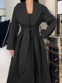 Ronhire Jaqueta longa de manga longa, solta e confortável, com bolsos e cinto, em cor sólida, elegante, para o outono/inverno