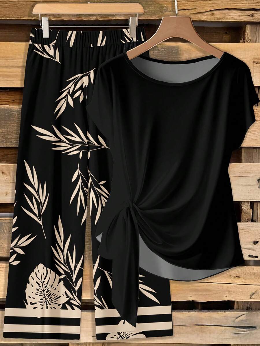 EMERY ROSE Women's Leaf Print Tie Front Blouse And Relaxed Straight Leg Pants 2 Pieces Set Cute Black Tops Black Summer Tops - Multicolor - View 1