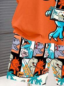 SHEIN 青少年男孩休闲时尚酷炫恐龙图案印花短袖圆领 T 恤，2 件恐龙设计套装适合夏季 - 彩色 - 查看 5