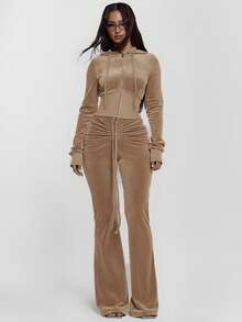 MUSERA Zip Through Fitted Ribbed Snatched Underbust Hooded Velour Sweatshirt Only Sexy Going Out Night Out  Cute Streetwear ,Elegant Spring Summer Holiday - Brown - View 3